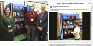 President Guy presents book vending machine to school and student chooses a book.